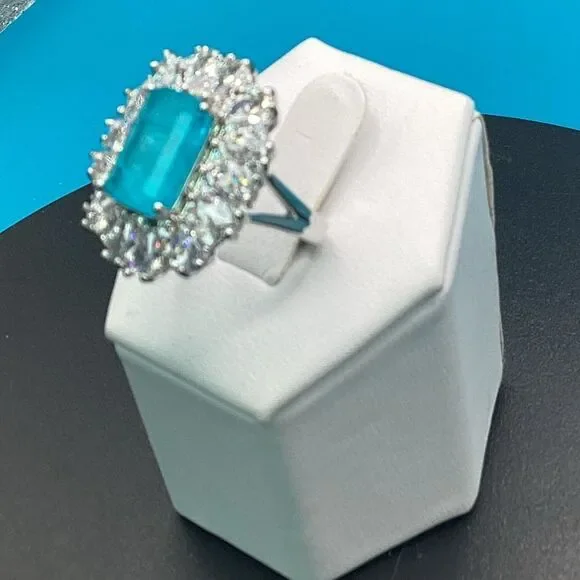 Gorgeous Vintage-Inspired Simulated Paraiba Tourmaline & CZ Halo Statement Ring